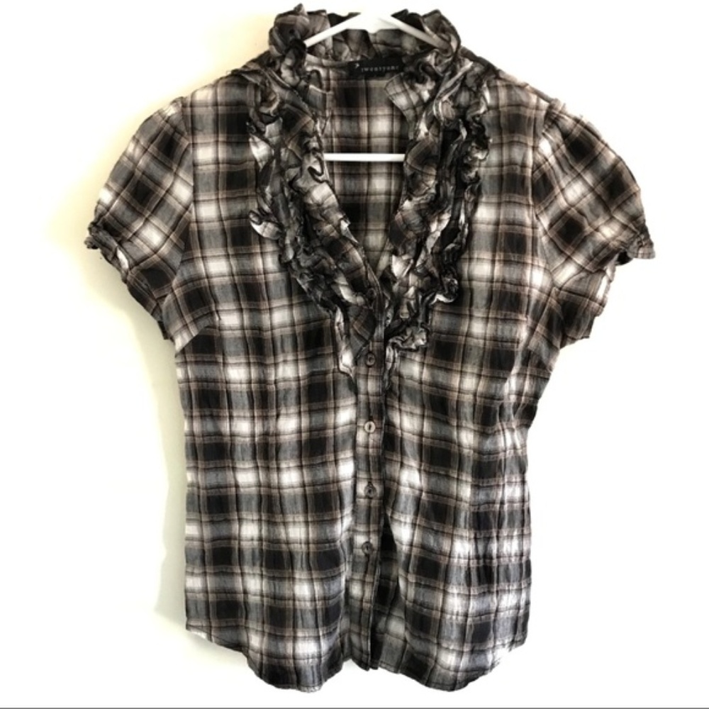 ❤️ Brown Plaid Ruffled Short Sleeves Button Down
